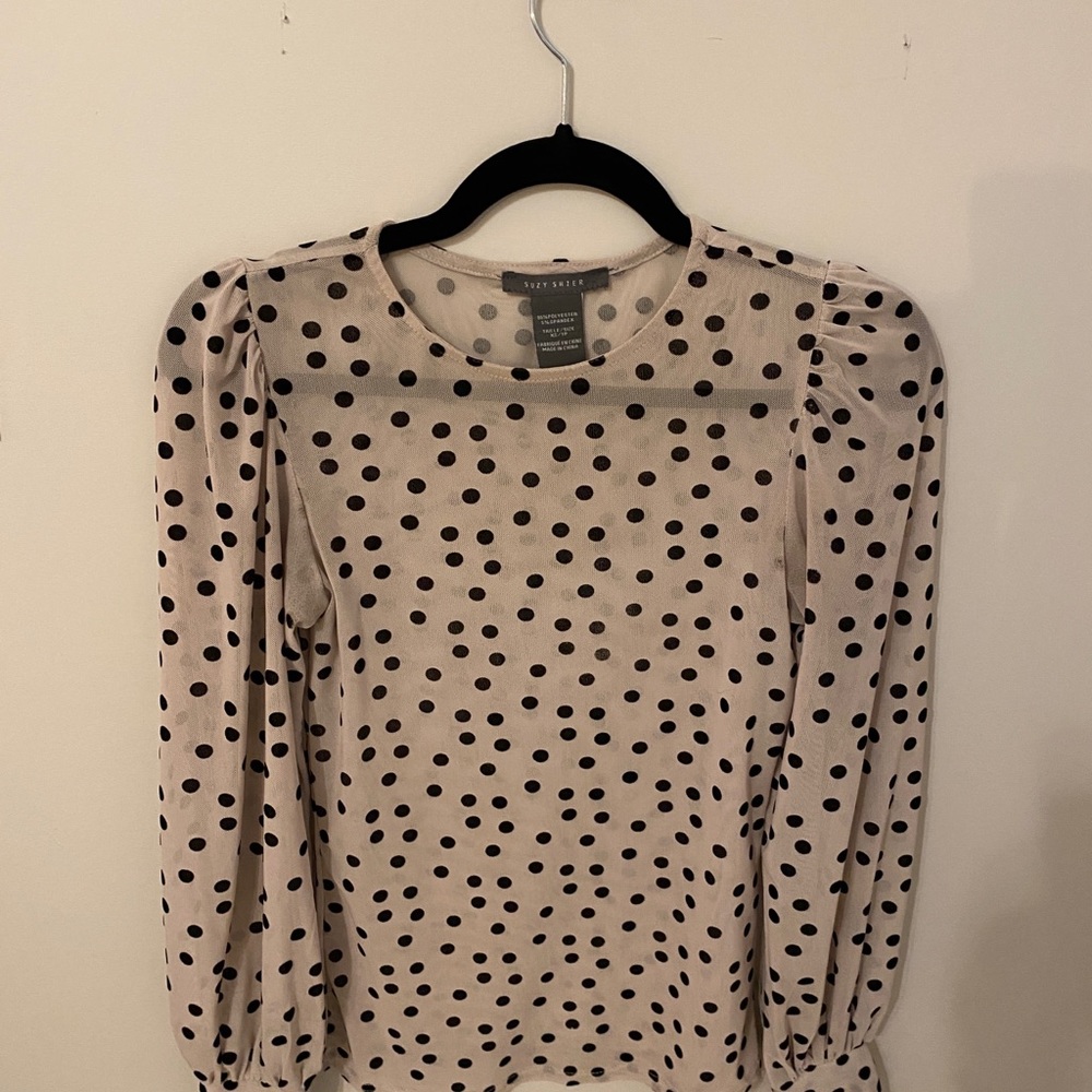 extremely soft beige with black polka dots sheer blouse
